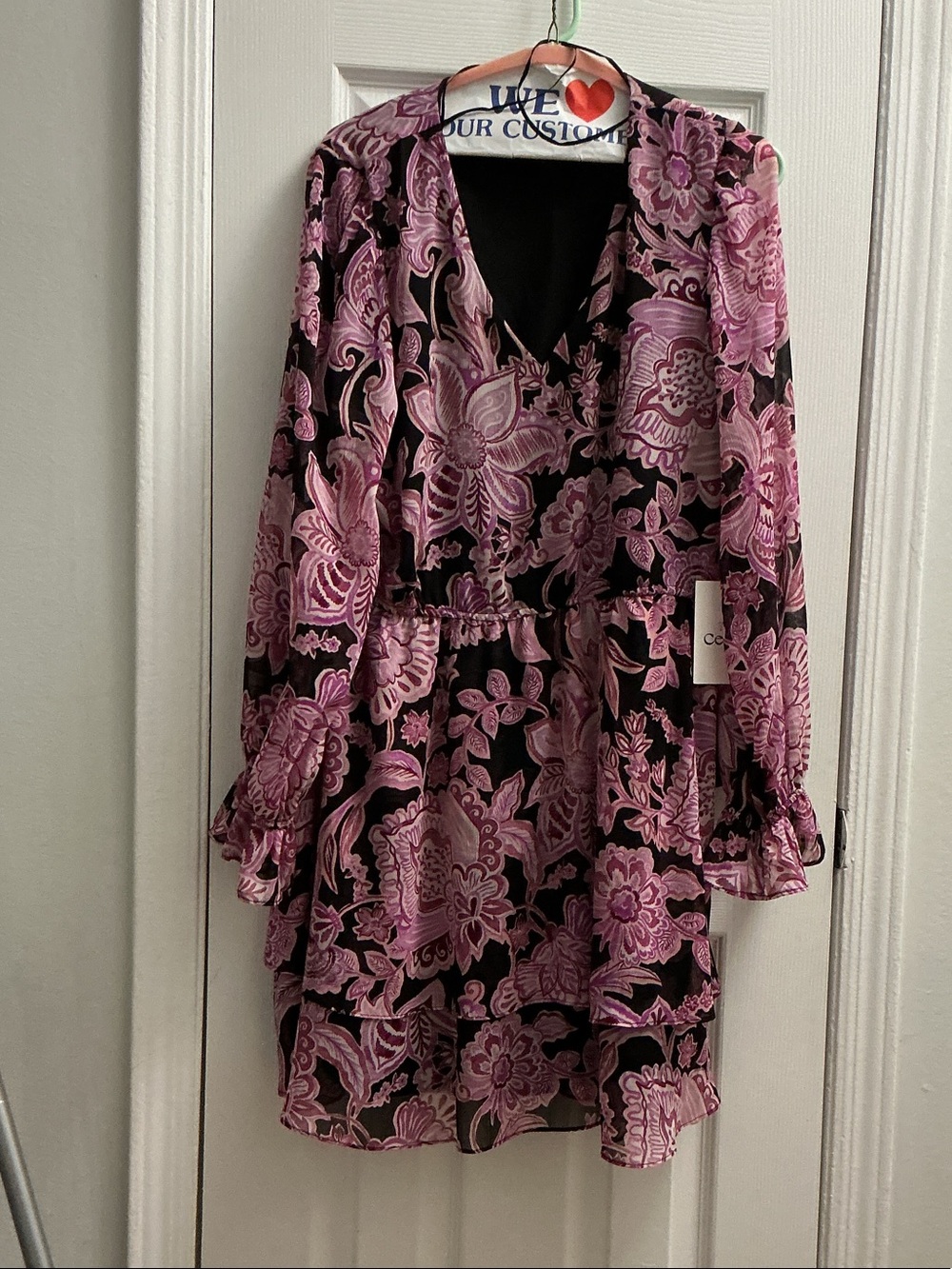 CeCe Black and Pink Floral V-Neck Dress